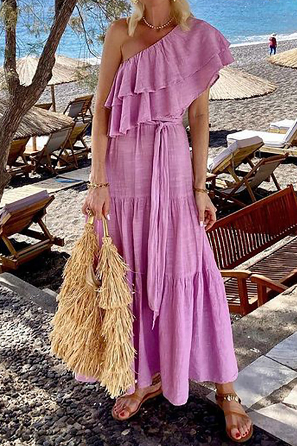 One Shoulder Ruffled Tie Belt Solid Color Vacation Maxi Dresses-Pink