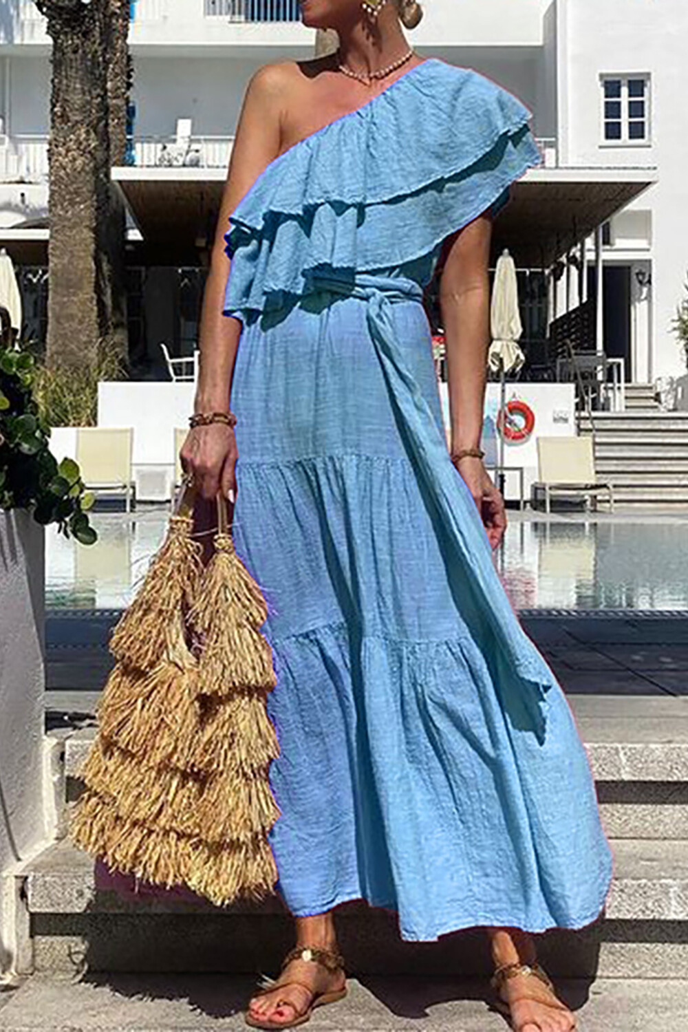 One Shoulder Ruffled Tie Belt Solid Color Vacation Maxi Dresses-Pink