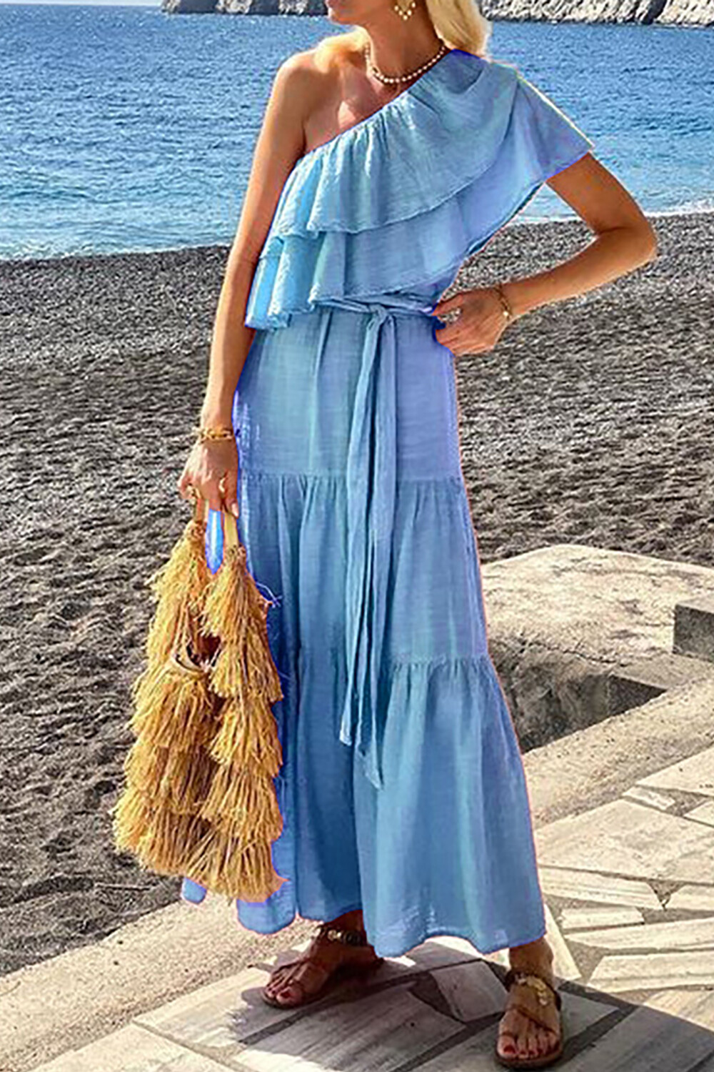 One Shoulder Ruffled Tie Belt Solid Color Vacation Maxi Dresses-Pink