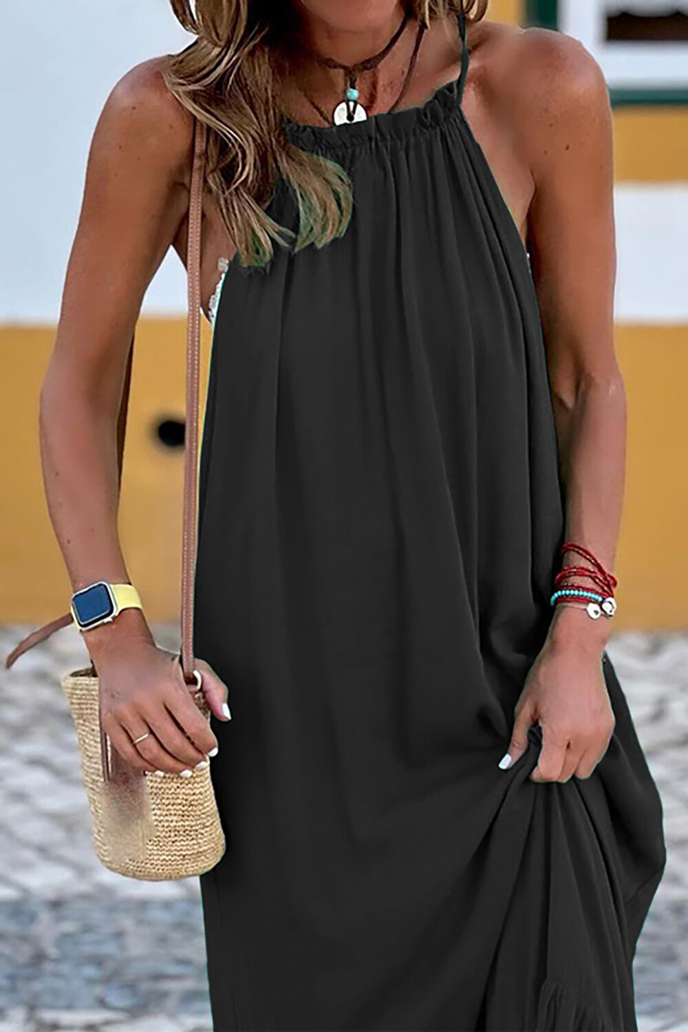 Solid Color Loose Fit Vacation Sleeveless Maxi Dresses-Green