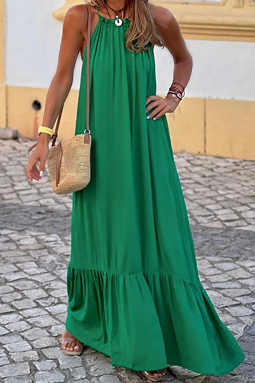 Solid Color Loose Fit Vacation Sleeveless Maxi Dresses-Green