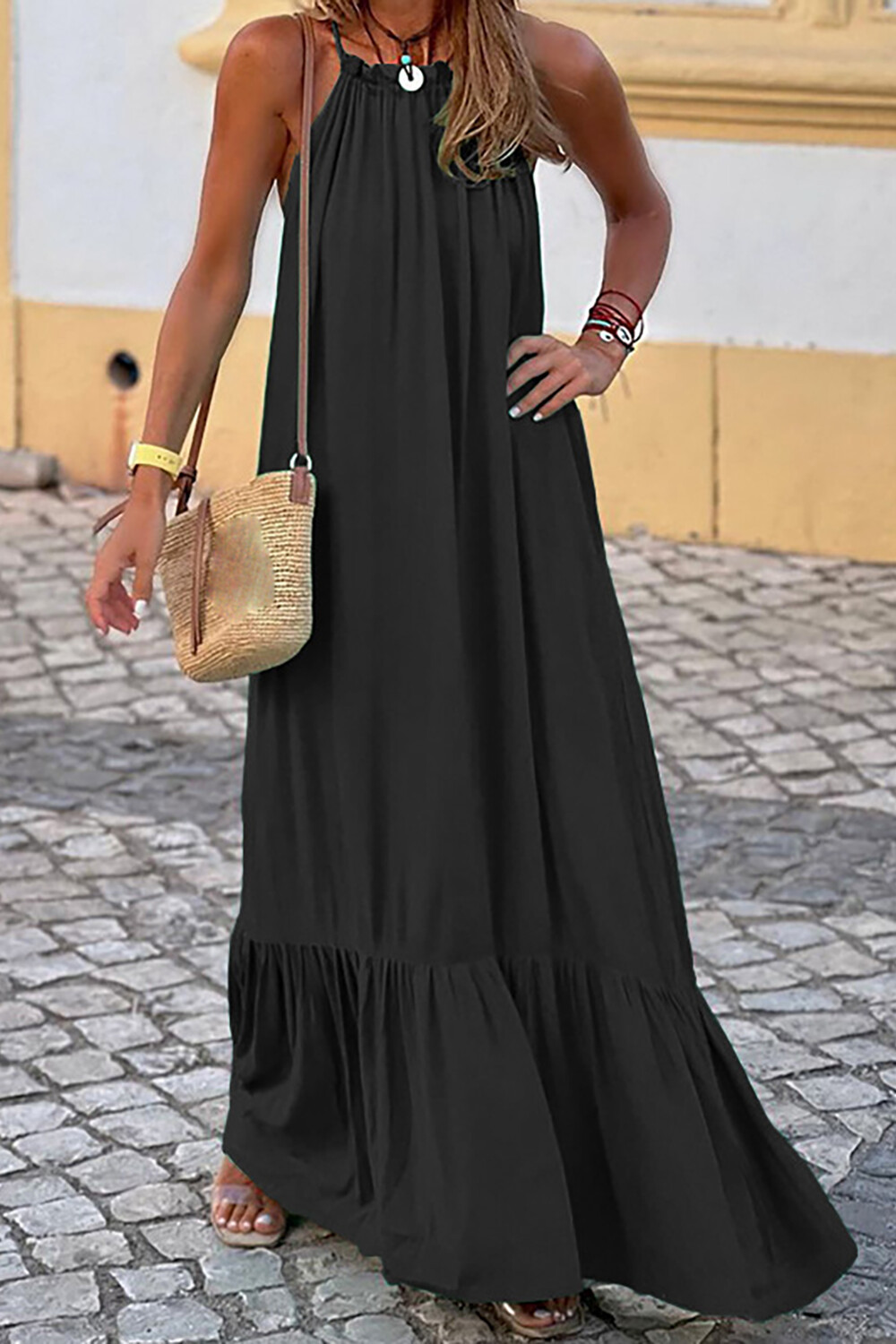 Solid Color Loose Fit Vacation Sleeveless Maxi Dresses-Green
