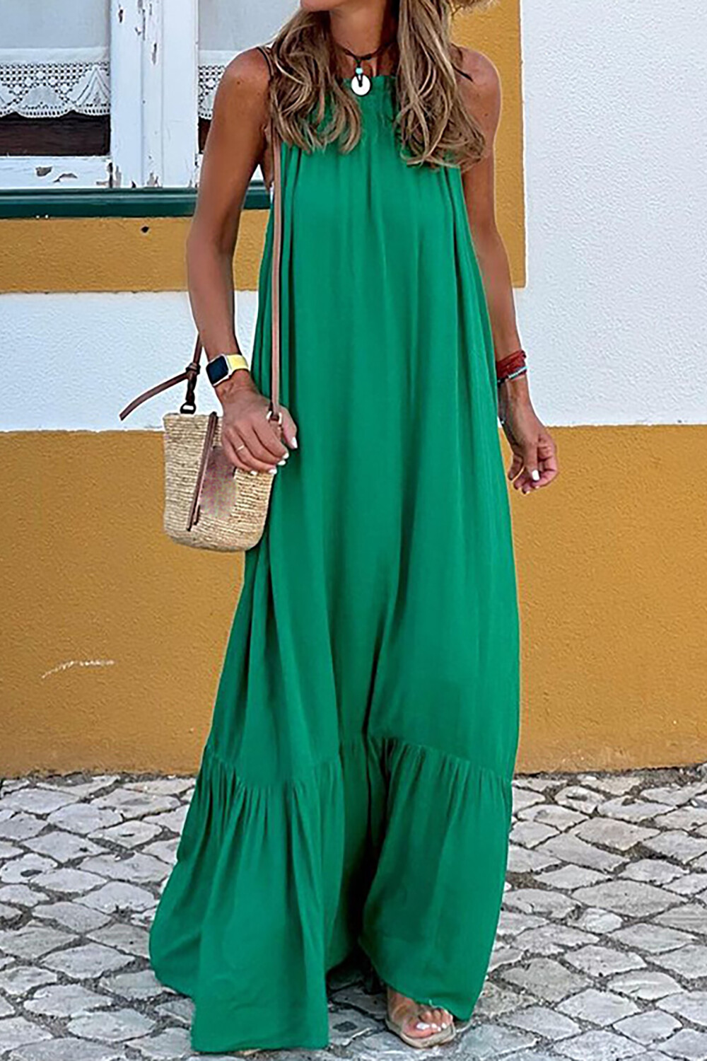 Solid Color Loose Fit Vacation Sleeveless Maxi Dresses-Green