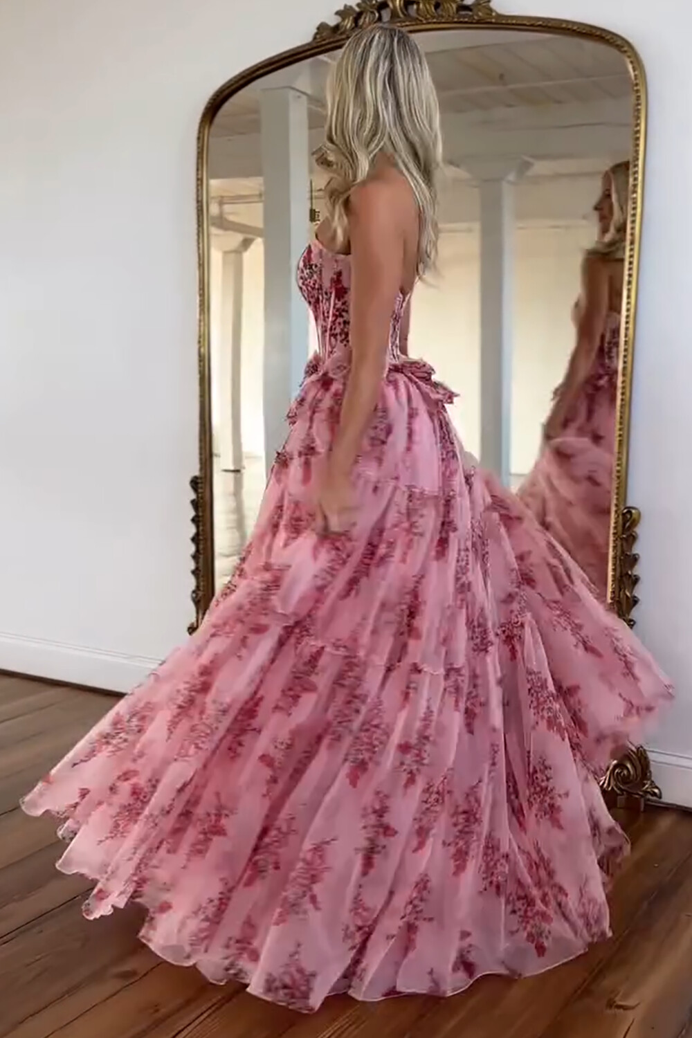 Strapless Corset Floral Print Tulle Gowns Maxi Dresses-Pink [Pre Order]
