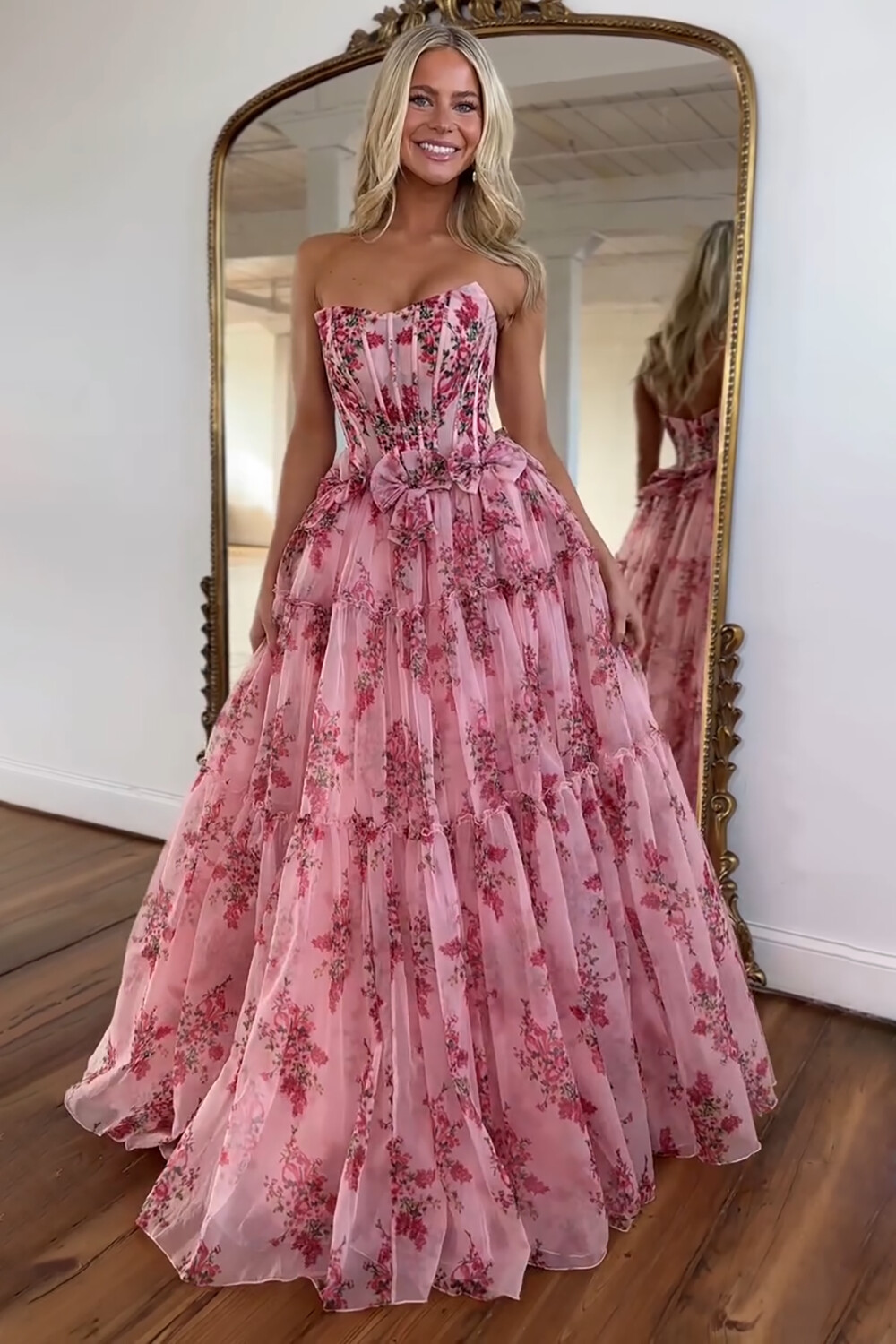 Strapless Corset Floral Print Tulle Gowns Maxi Dresses-Pink [Pre Order]