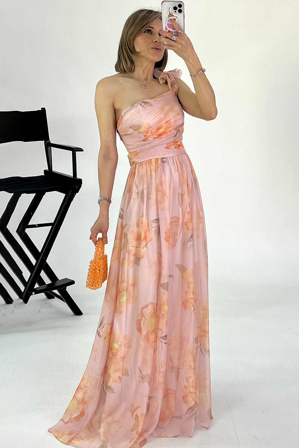 Ruffled One Shoulder Floral Print A-Line Gowns Maxi Dresses-Pink [Pre Order]