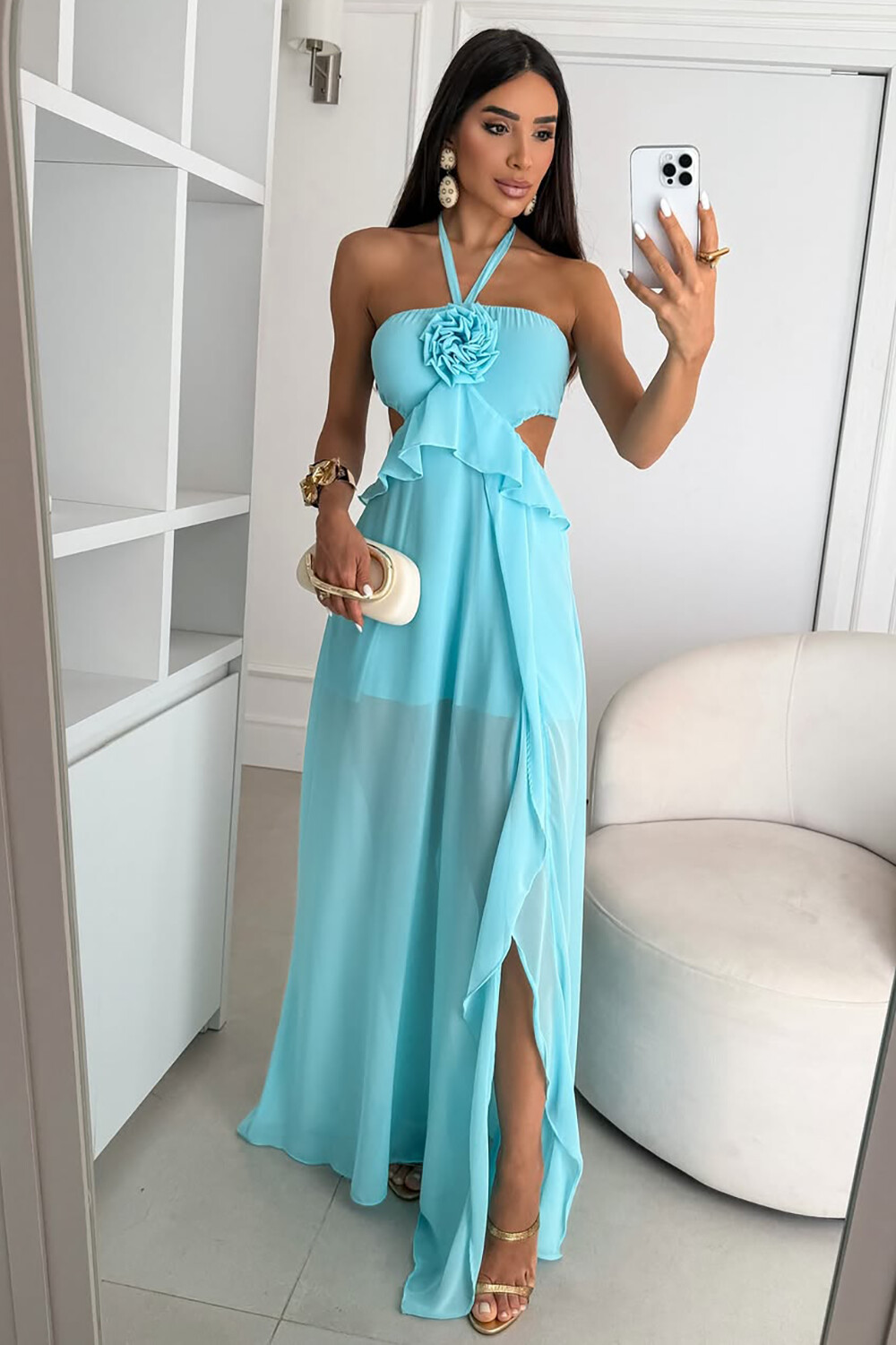3D Flower Ruffled Backless Halter Neck Slit Maxi Dresses-Blue [Pre Order]