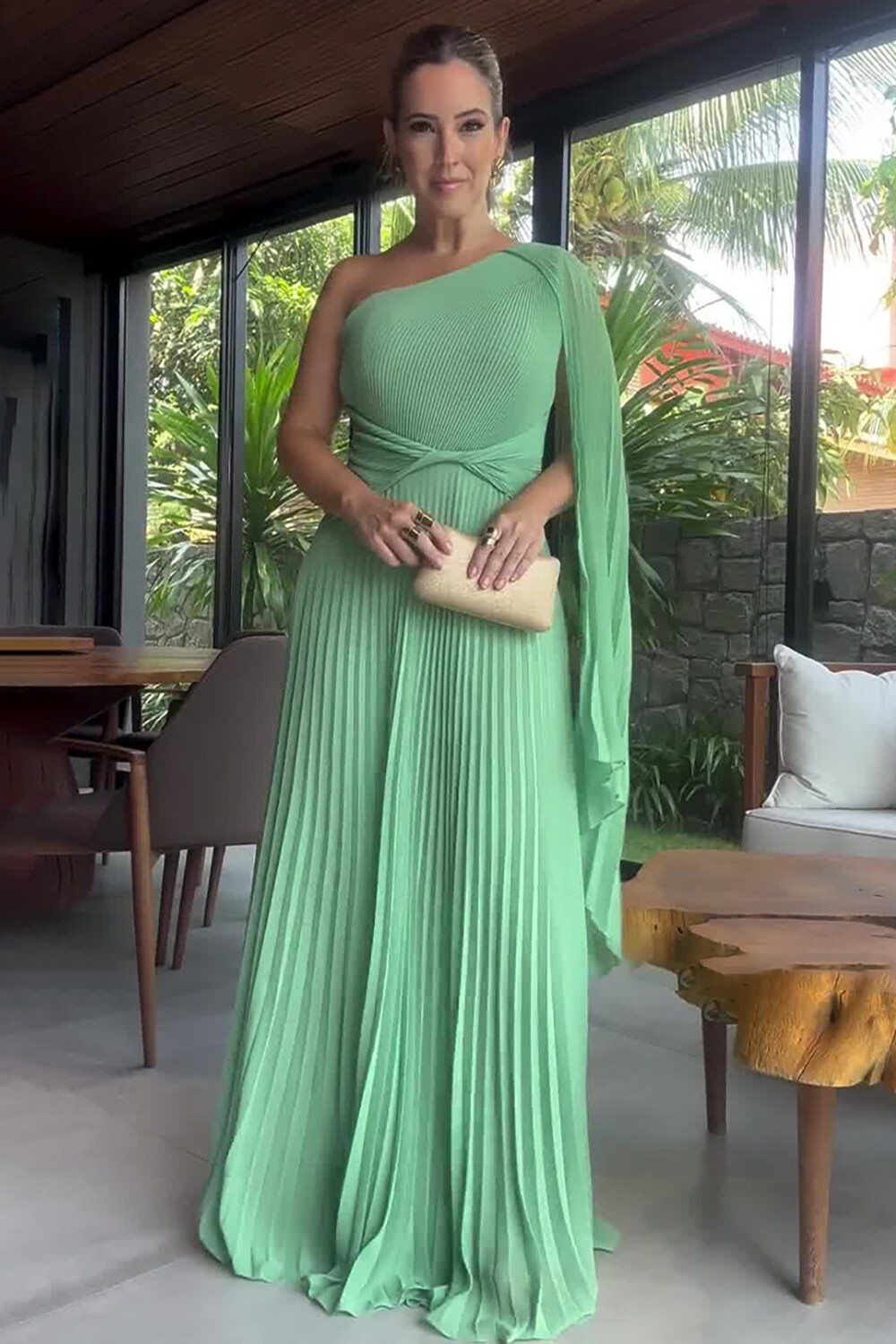 Pleated Solid Color Skew Neck A-Line Gowns Maxi Cape Dresses-Green