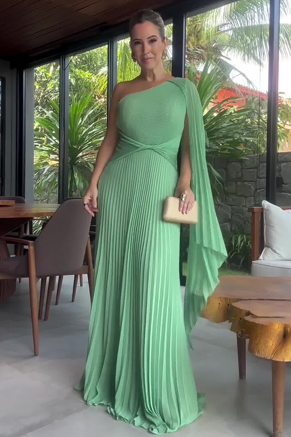Pleated Solid Color Skew Neck A-Line Gowns Maxi Cape Dresses-Green