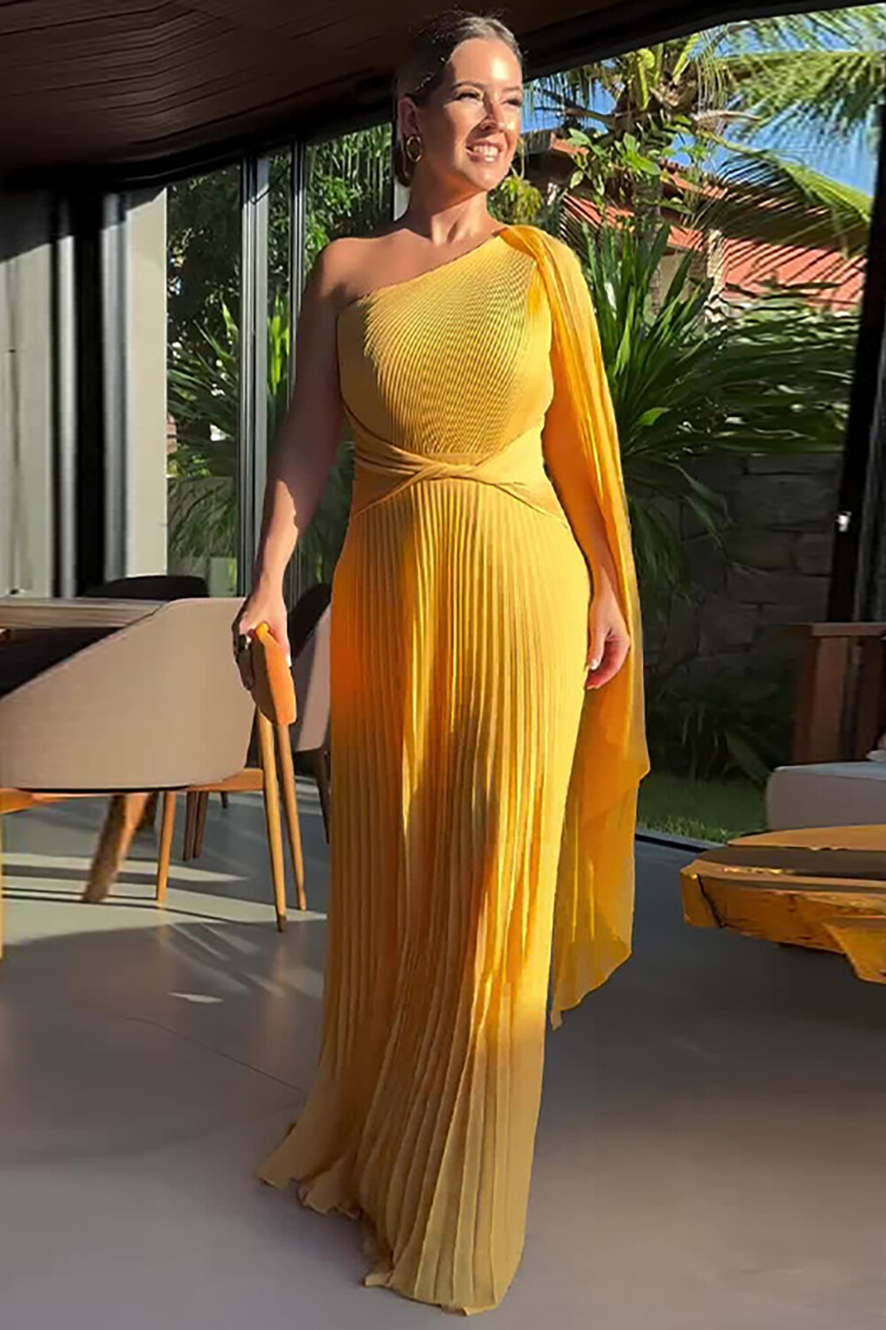 Pleated Solid Color Skew Neck A-Line Gowns Maxi Cape Dresses-Green