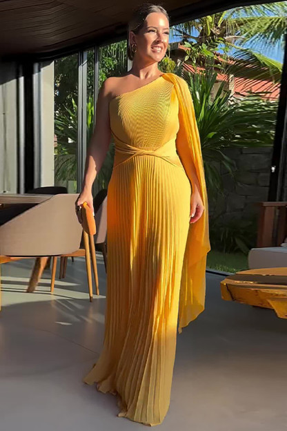 Pleated Solid Color Skew Neck A-Line Gowns Maxi Cape Dresses-Green