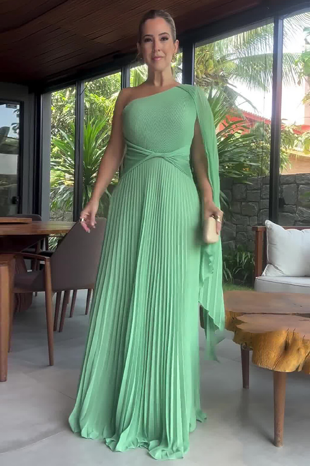 Pleated Solid Color Skew Neck A-Line Gowns Maxi Cape Dresses-Green