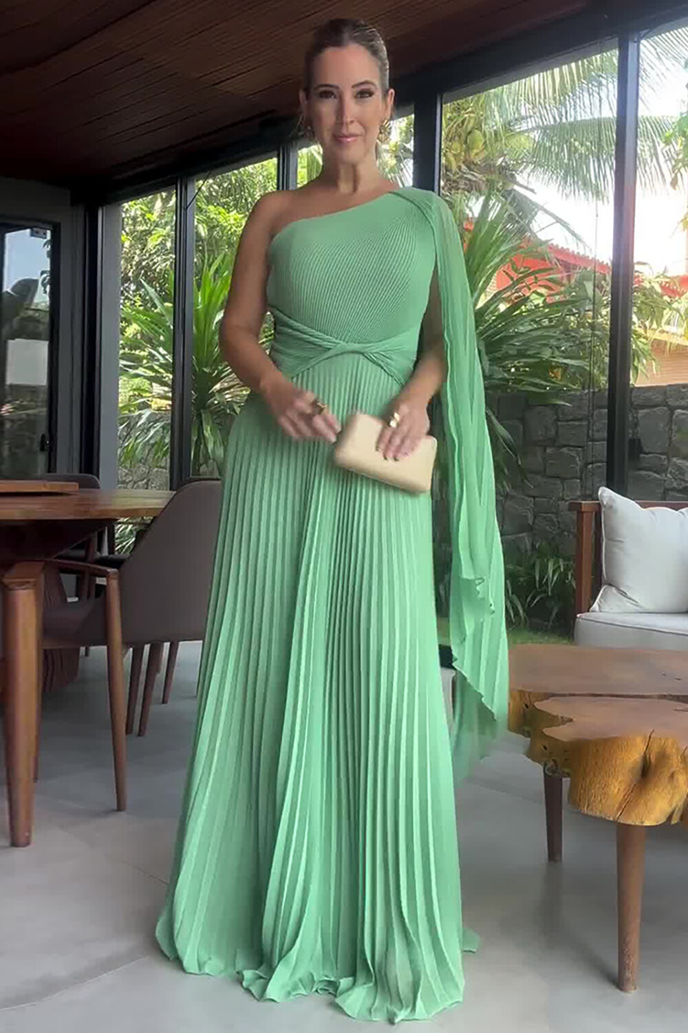 Pleated Solid Color Skew Neck A-Line Gowns Maxi Cape Dresses-Green