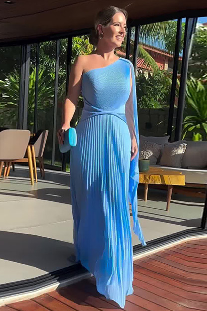 Pleated Solid Color Skew Neck A-Line Gowns Maxi Cape Dresses-Green