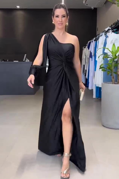 One Shoulder Slit Long Sleeve Ruched Slit Gowns Maxi Dresses-Green