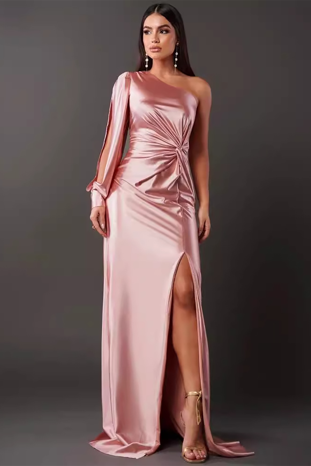 One Shoulder Slit Long Sleeve Ruched Slit Gowns Maxi Dresses-Green