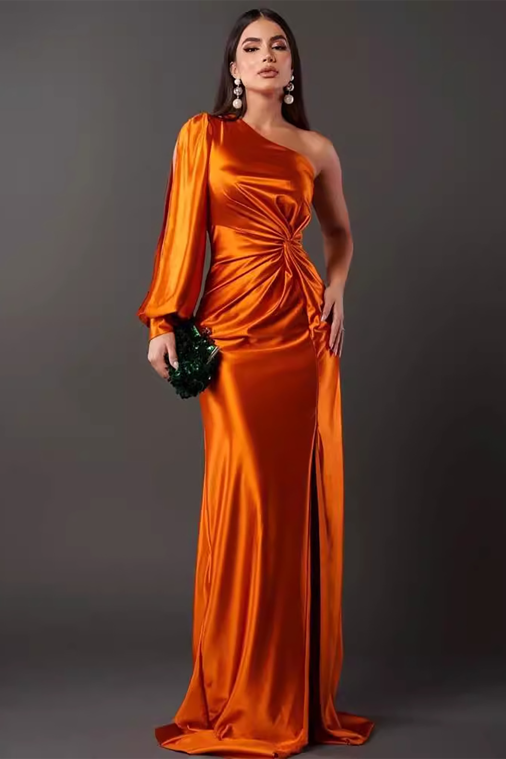 One Shoulder Slit Long Sleeve Ruched Slit Gowns Maxi Dresses-Green