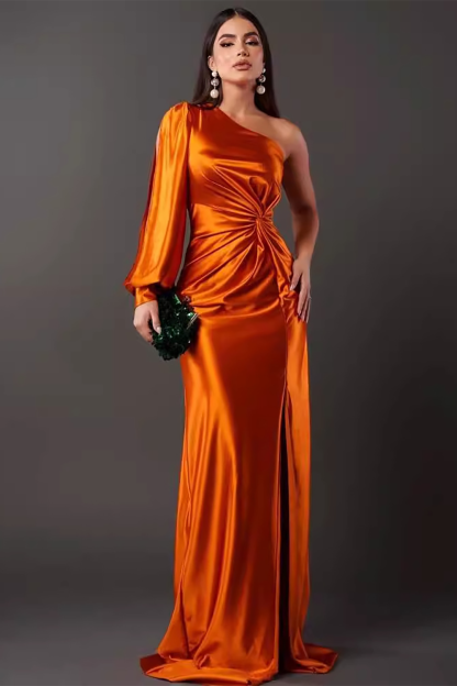 One Shoulder Slit Long Sleeve Ruched Slit Gowns Maxi Dresses-Green