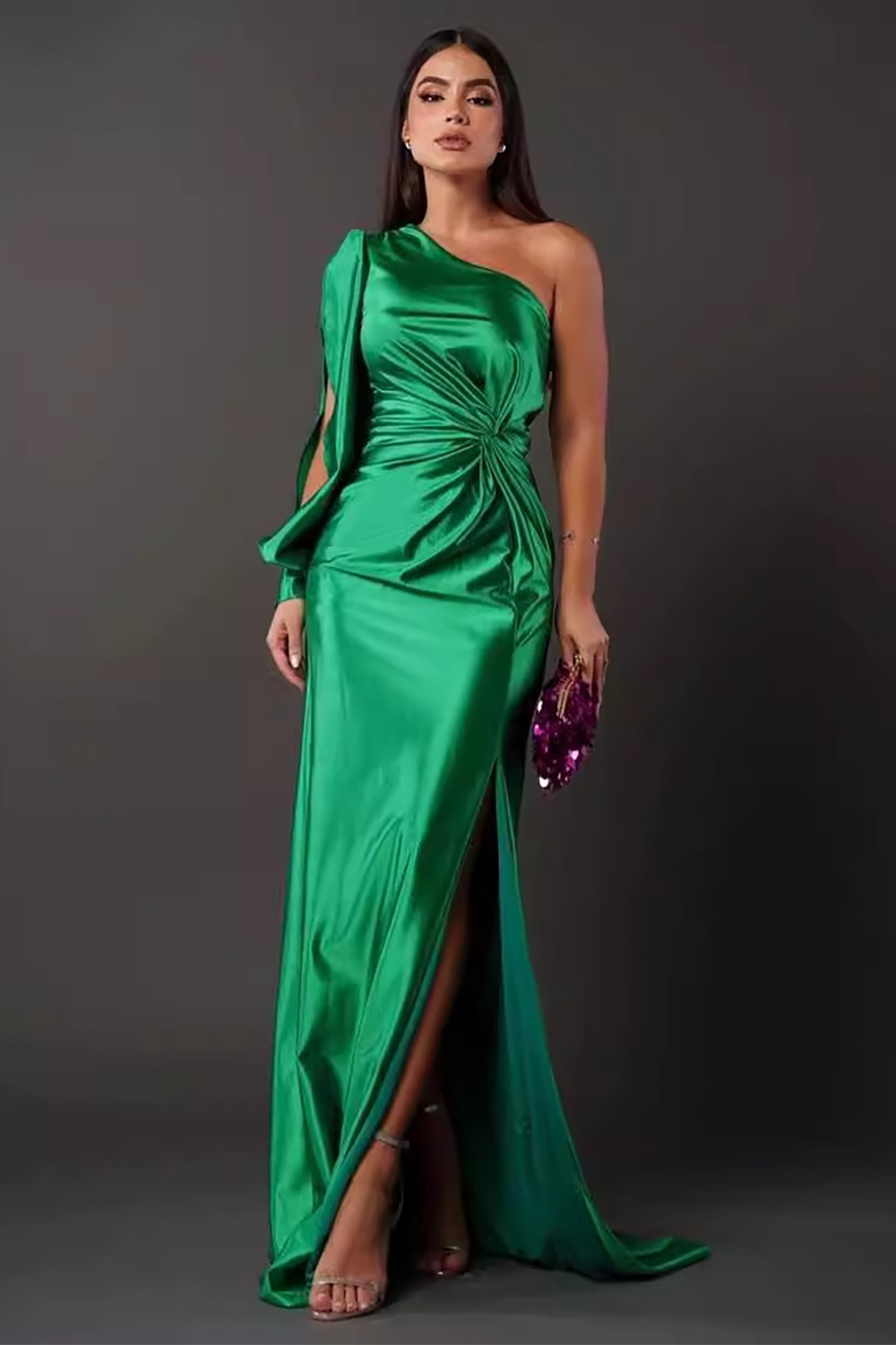 One Shoulder Slit Long Sleeve Ruched Slit Gowns Maxi Dresses-Green
