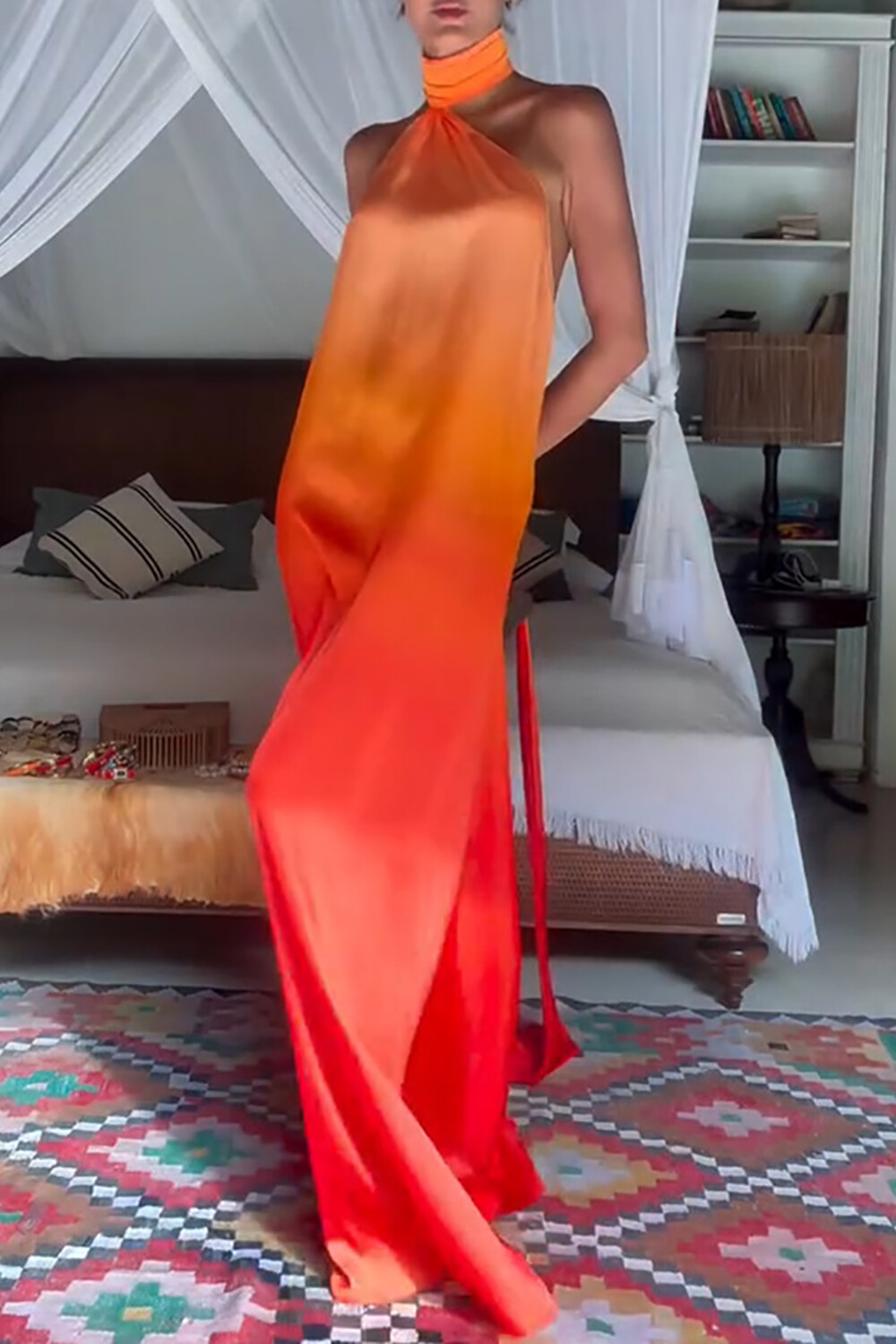 Sleeveless High Neck Gradient Color Vacation Maxi Dresses-Orange