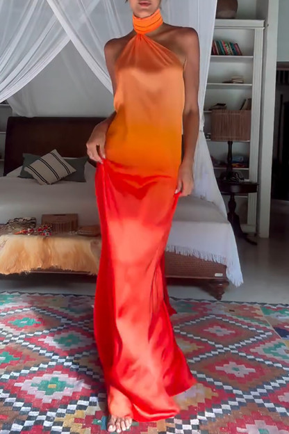 Sleeveless High Neck Gradient Color Vacation Maxi Dresses-Orange