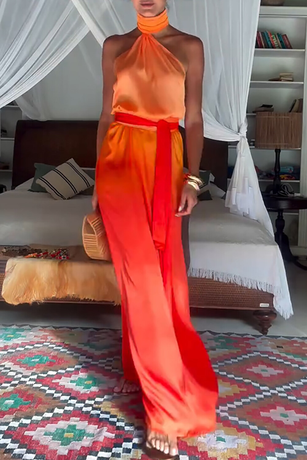 Sleeveless High Neck Gradient Color Vacation Maxi Dresses-Orange