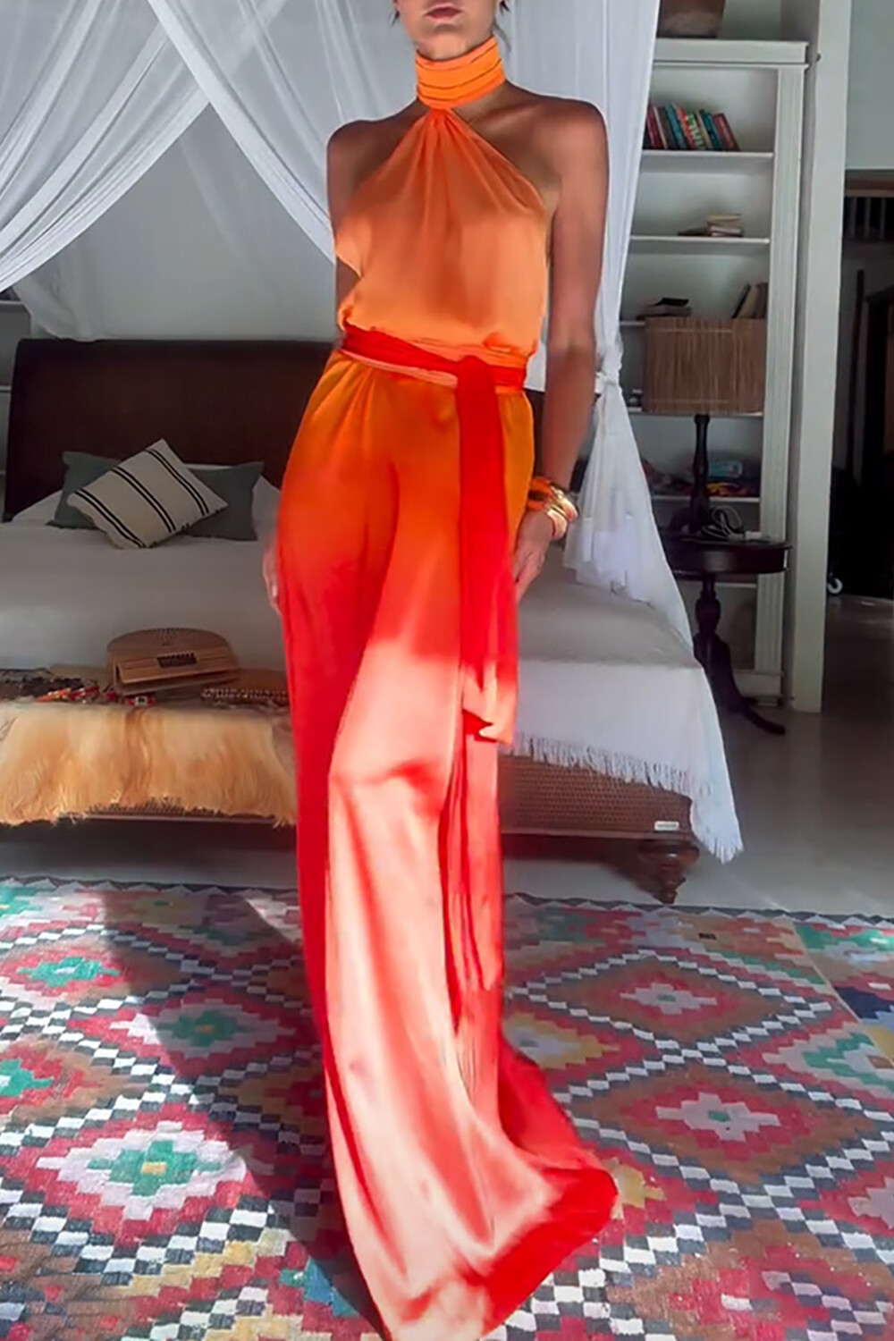 Sleeveless High Neck Gradient Color Vacation Maxi Dresses-Orange
