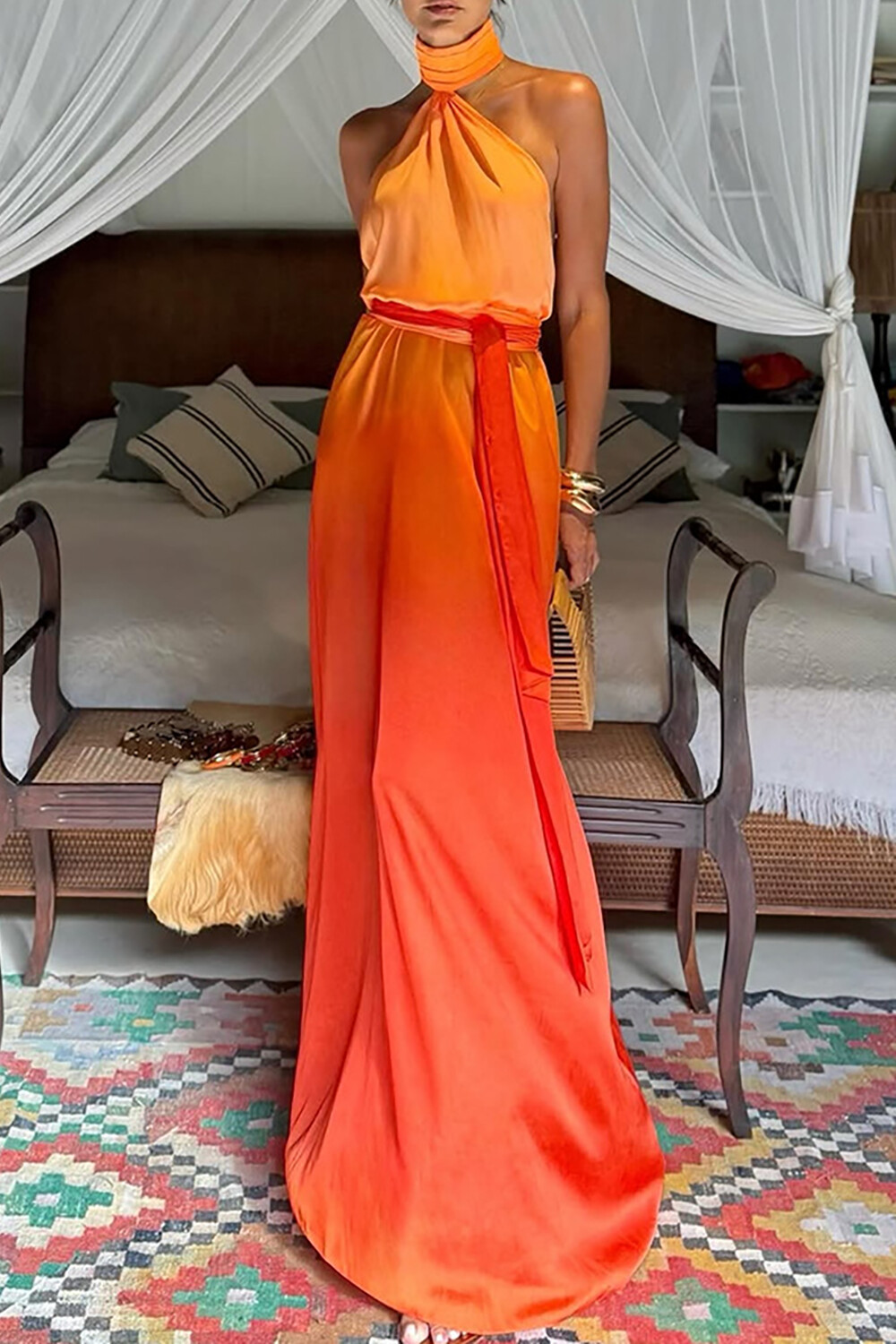 Sleeveless High Neck Gradient Color Vacation Maxi Dresses-Orange