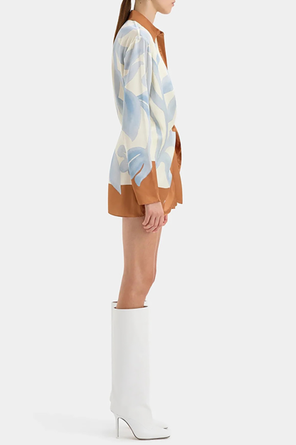 Floral Print Long Sleeve Tie Up Colorblock Mini Shirt Dresses-Blue