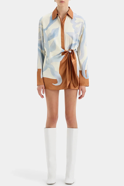 Floral Print Long Sleeve Tie Up Colorblock Mini Shirt Dresses-Blue