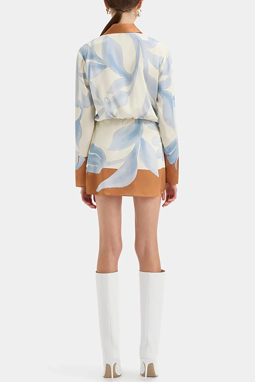 Floral Print Long Sleeve Tie Up Colorblock Mini Shirt Dresses-Blue