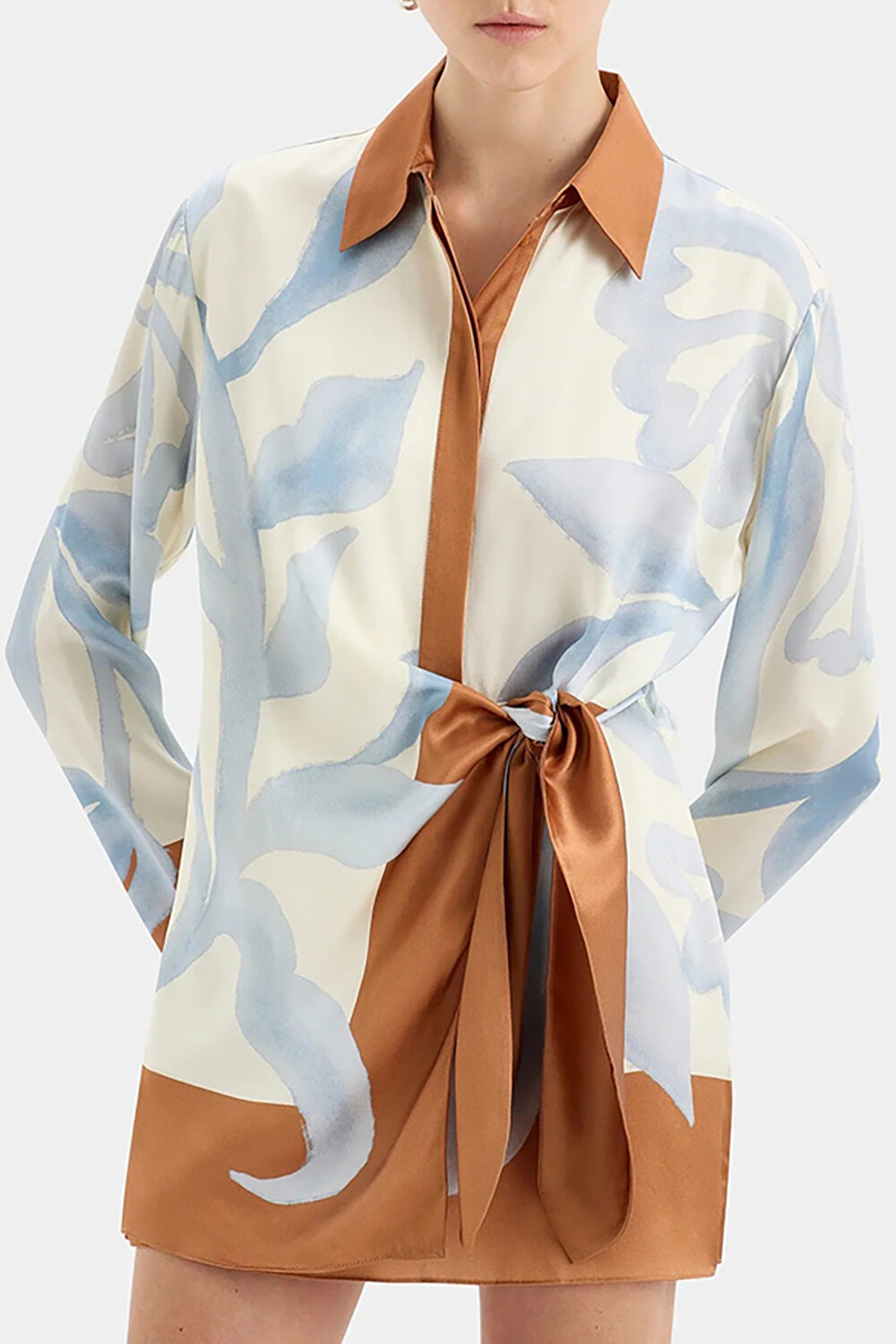Floral Print Long Sleeve Tie Up Colorblock Mini Shirt Dresses-Blue