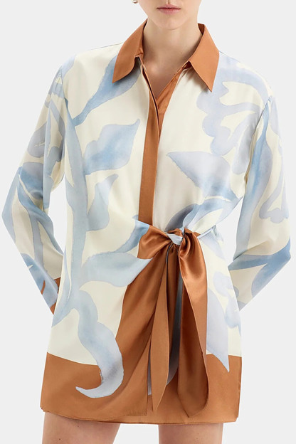 Floral Print Long Sleeve Tie Up Colorblock Mini Shirt Dresses-Blue