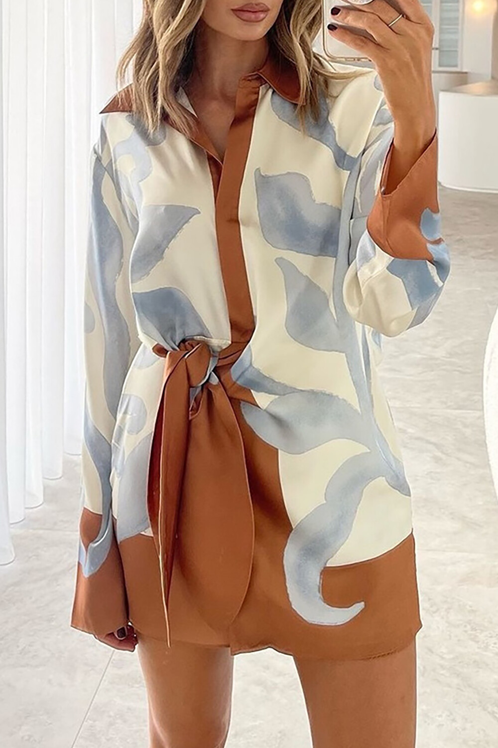 Floral Print Long Sleeve Tie Up Colorblock Mini Shirt Dresses-Blue
