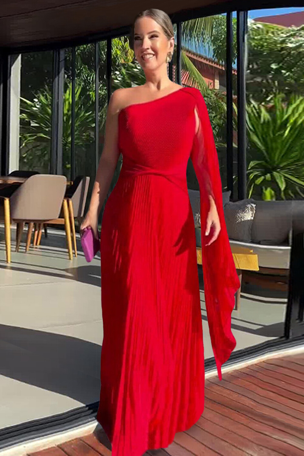 Pleated Solid Color Skew Neck A-Line Gowns Maxi Cape Dresses-Green