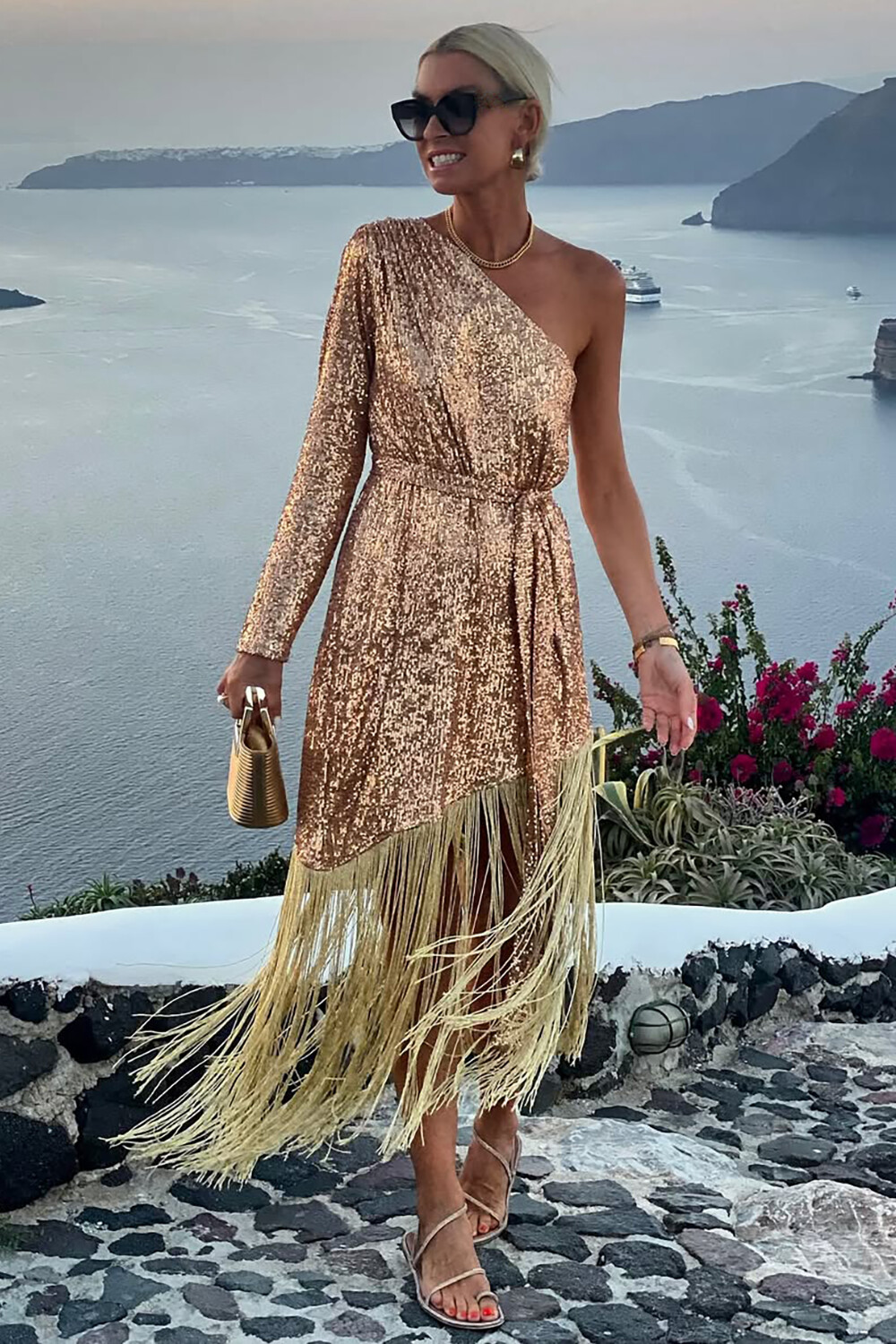 Sequin One Shoulder Long Sleeve Fringed Hem Midi Dresses-Gold [Pre Order]