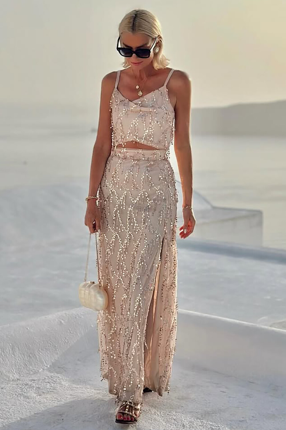 Sequin Crop Cami High Waist Slit Maxi Skirt 2pcs Set-Nude [Pre Order]