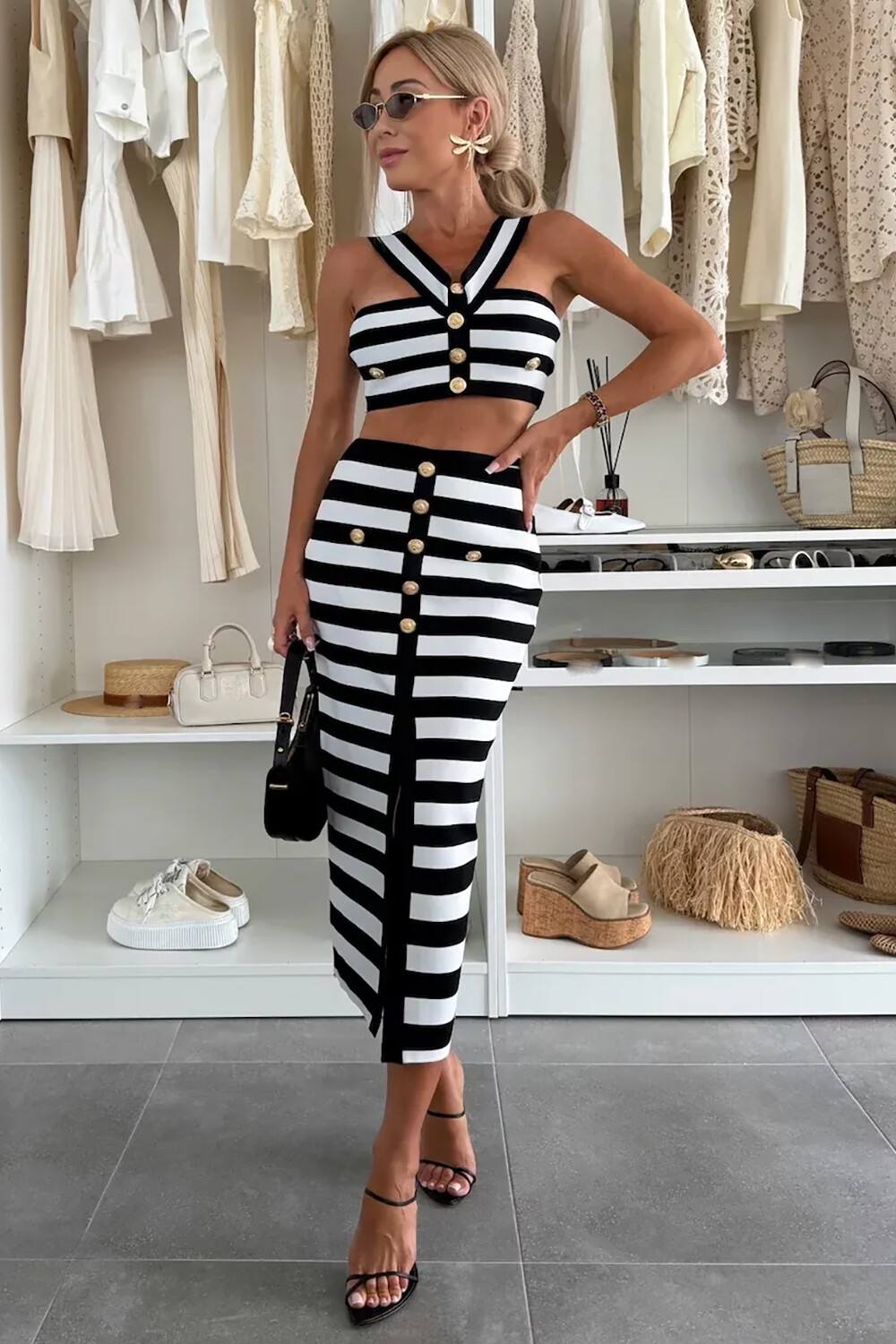 Striped Print Sleeveless Crop Top Fitted Midi Skirt 2pcs Set-Black [Pre Order]