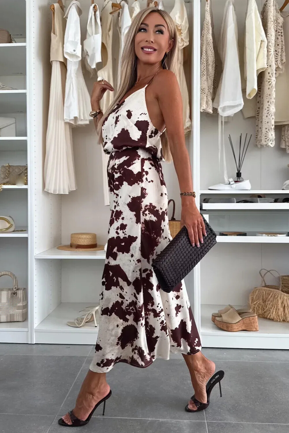 Abstract Print Cami Slim Fit Midi Skirt 2pcs Set-White [Pre Order]