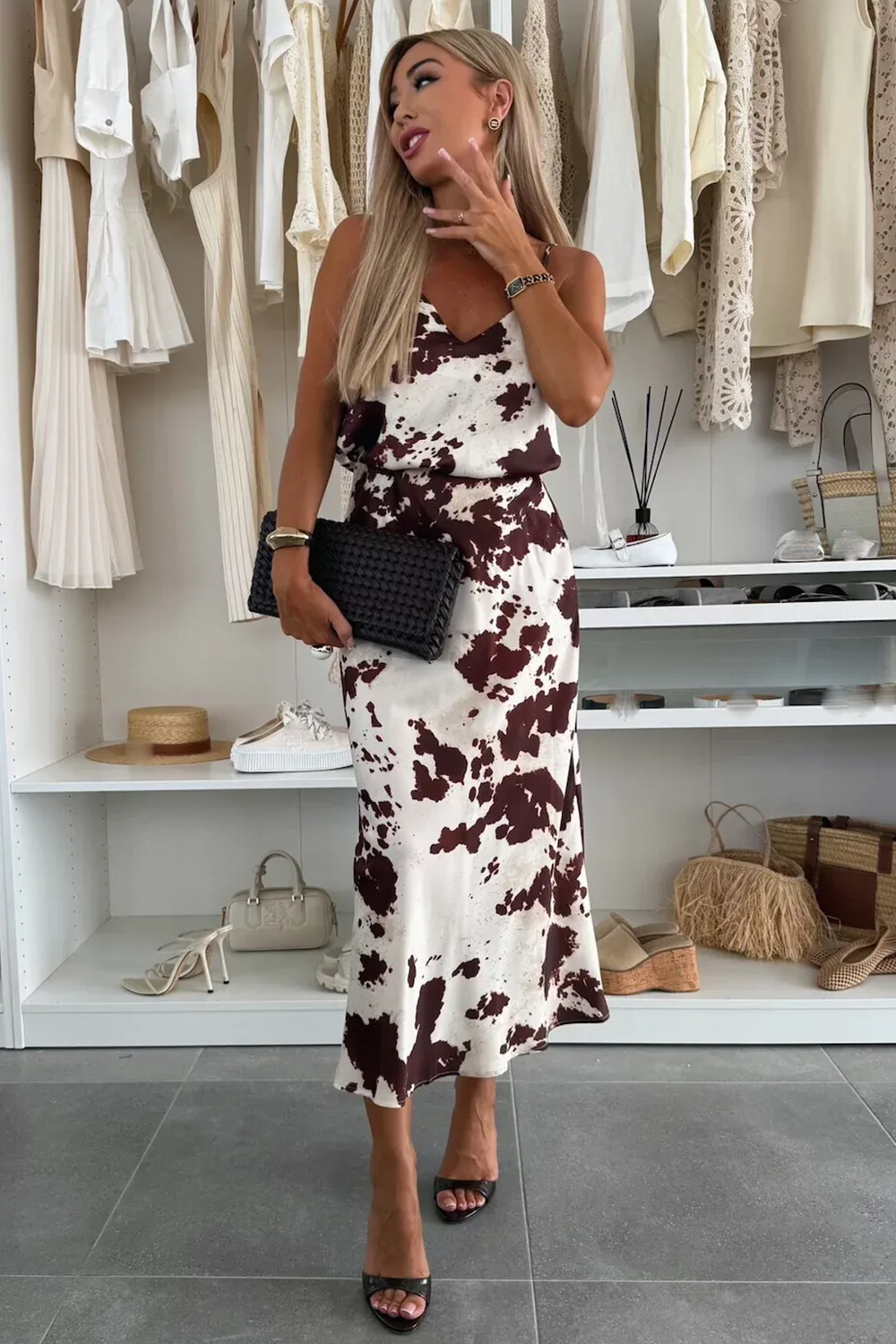 Abstract Print Cami Slim Fit Midi Skirt 2pcs Set-White [Pre Order]
