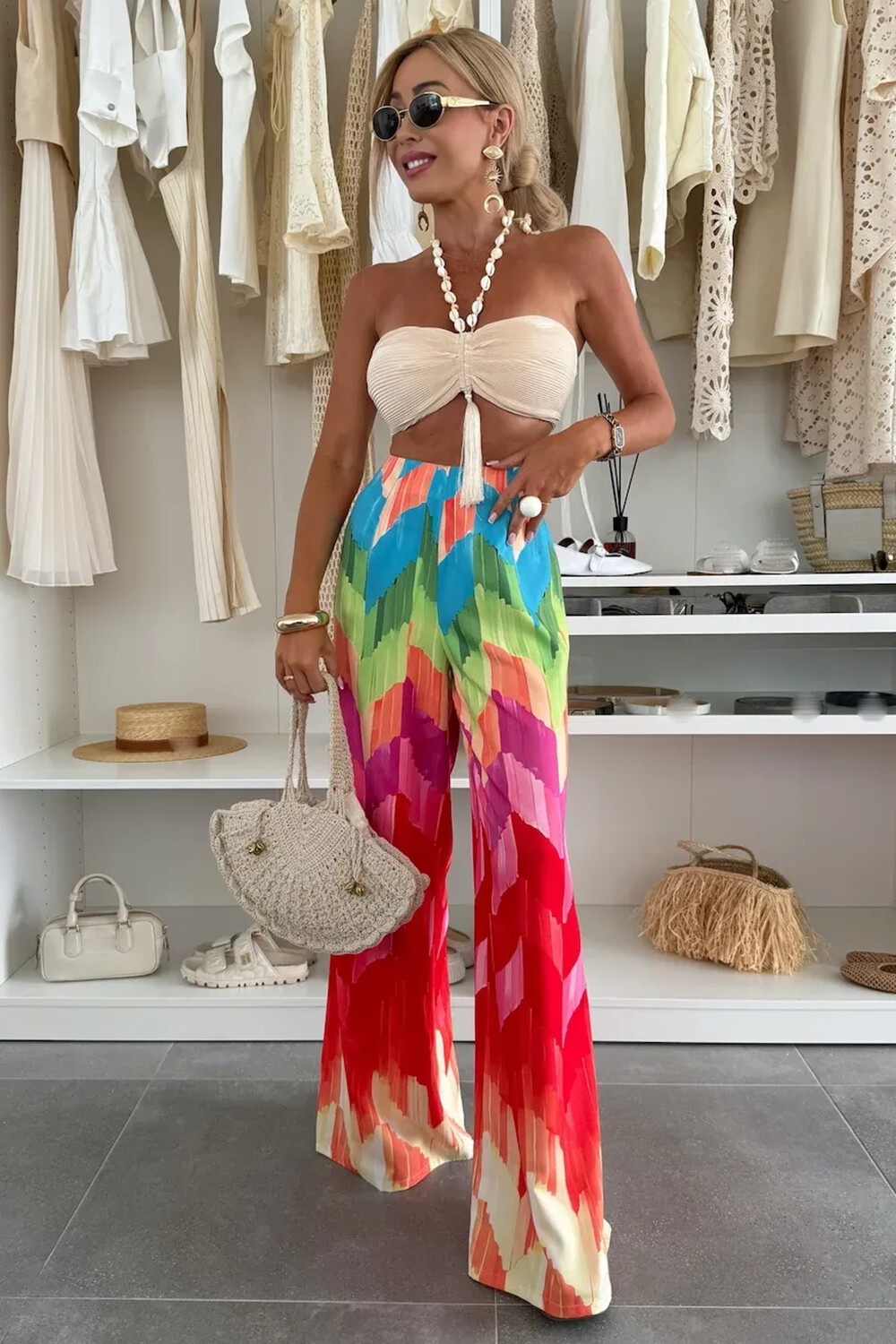 Halter Crop Top Multicolor Print High Waist Pants 2pcs Set-Beige [Pre Order]