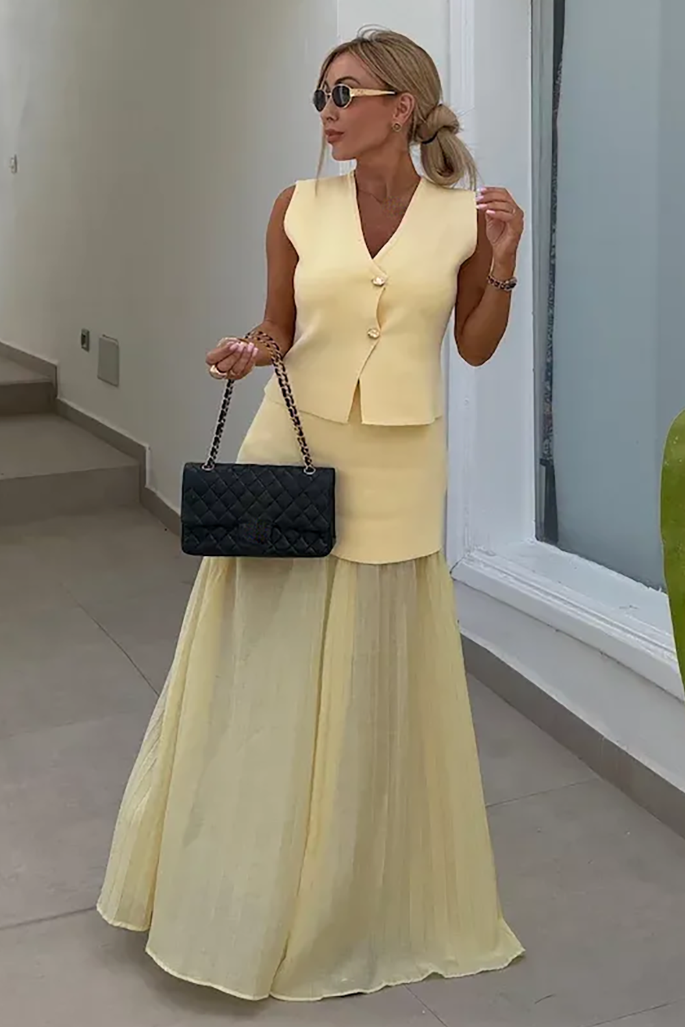 V Neck Button Up Vest Semi Sheer Pleated Maxi Skirt Set-Yellow [Pre Order]