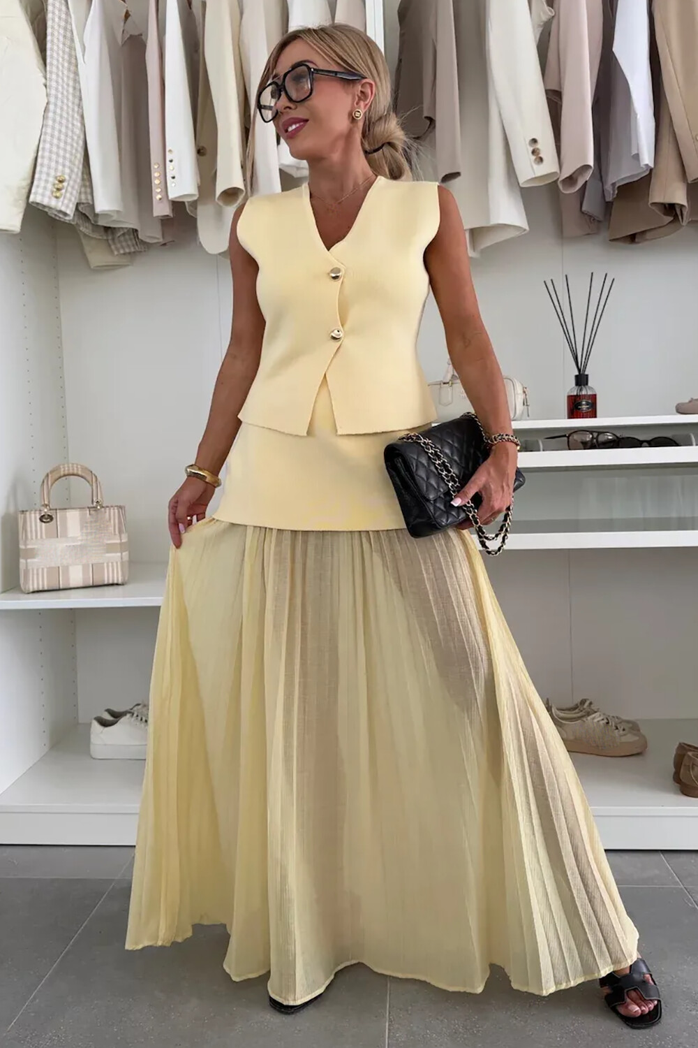 V Neck Button Up Vest Semi Sheer Pleated Maxi Skirt Set-Yellow [Pre Order]