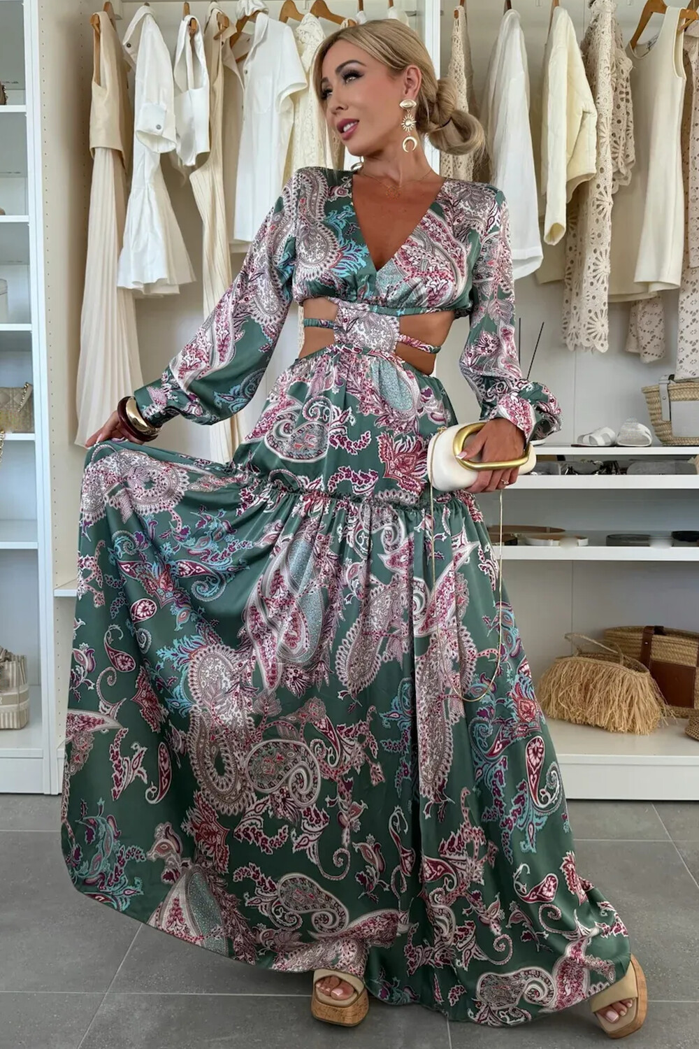 V Neck Long Sleeve Cutout Paisley Print Maxi Dresses-Green [Pre Order]