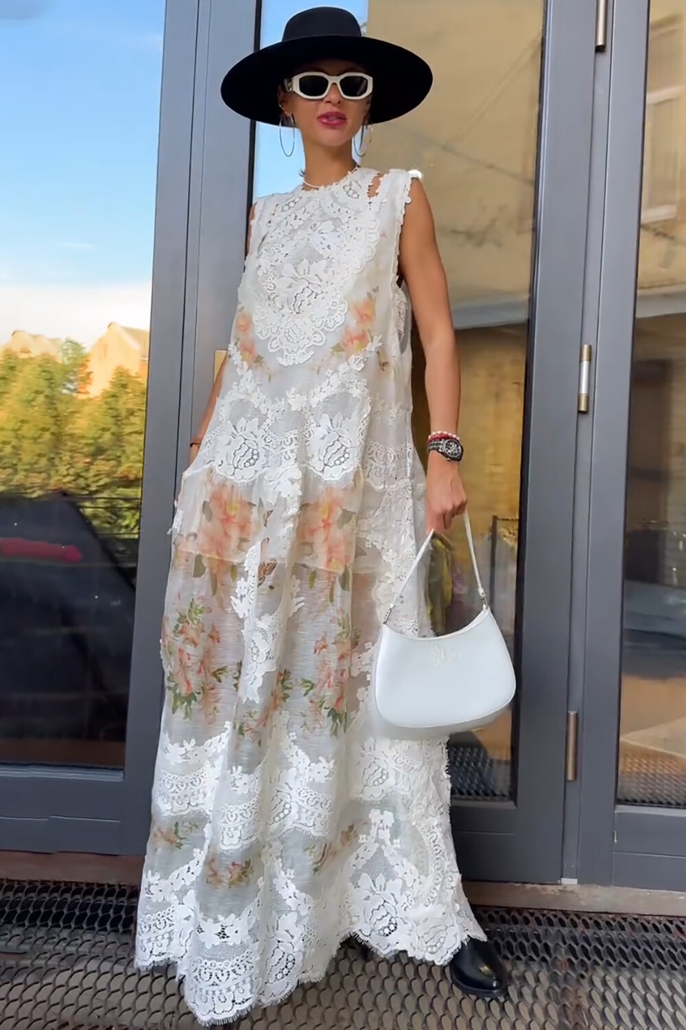 Lace Floral Print Crop Tank Top Slip Maxi Dresses 2pcs Set-White [Pre Order]