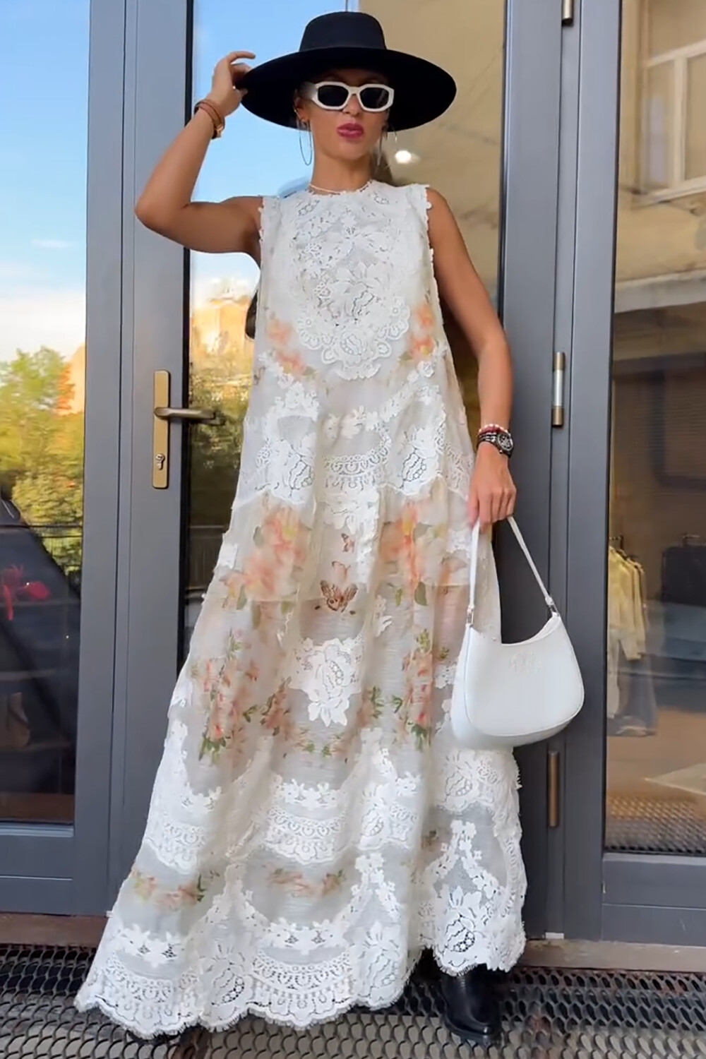 Lace Floral Print Crop Tank Top Slip Maxi Dresses 2pcs Set-White [Pre Order]