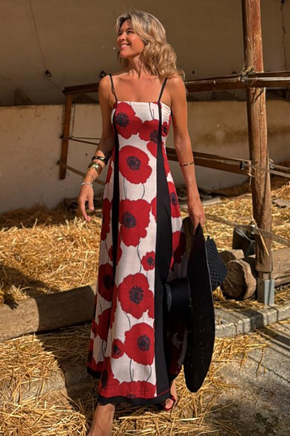 Floral Print Colorblock A-Line Strappy Maxi Dresses-Red [Pre Order]