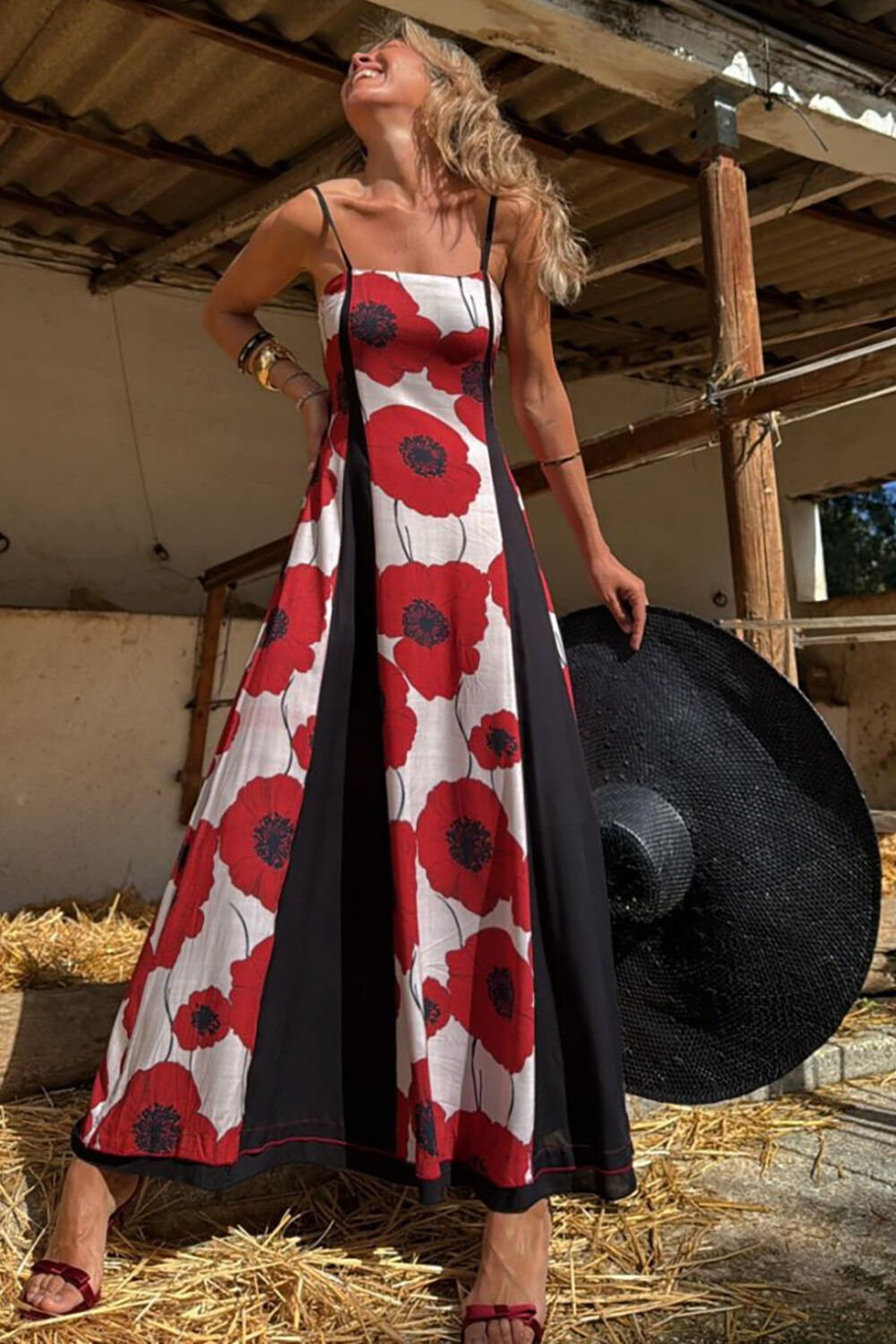 Floral Print Colorblock A-Line Strappy Maxi Dresses-Red [Pre Order]