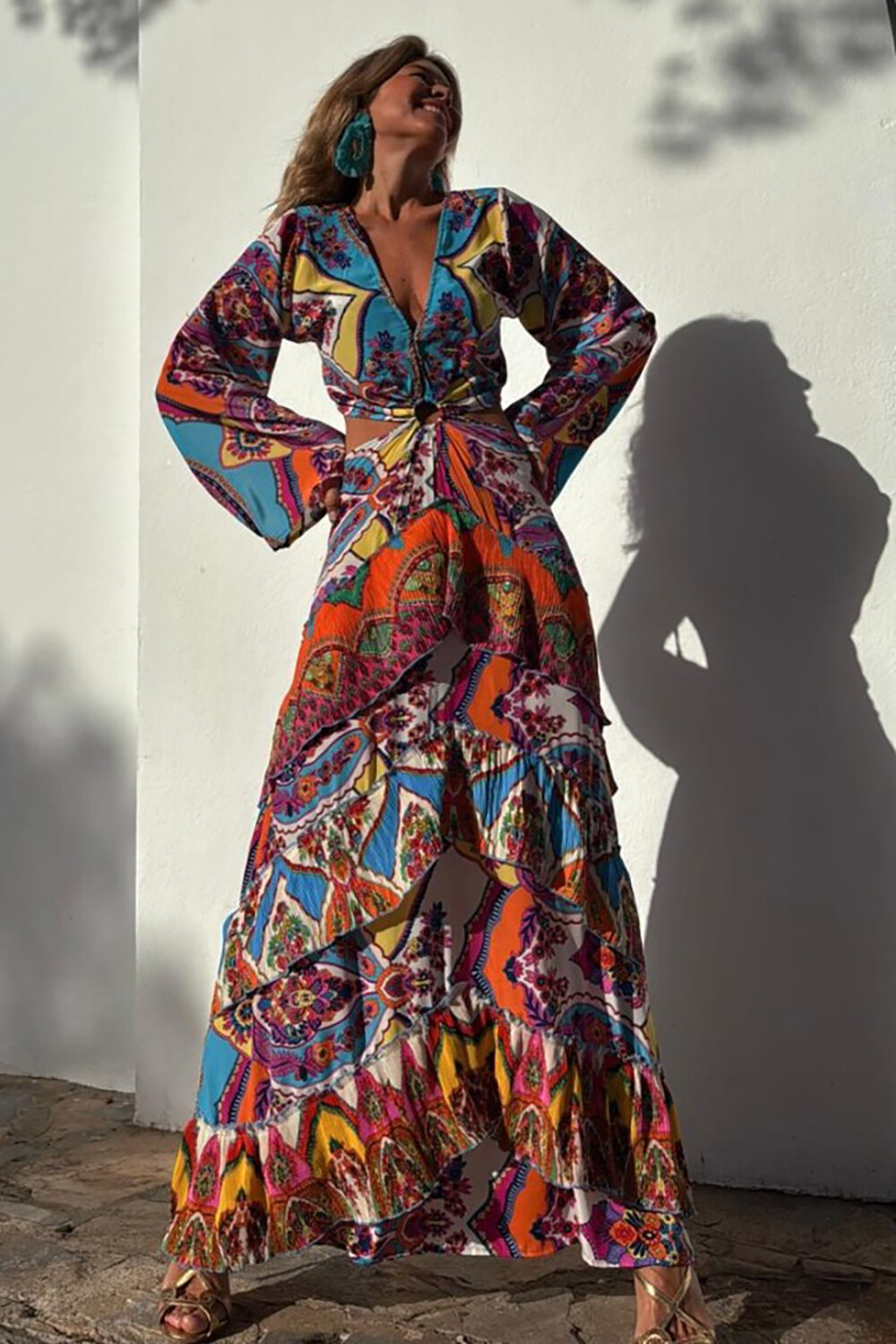 Tribal Print V Neck Long Sleeve Colorblock Maxi Dresses-Blue [Pre Order]