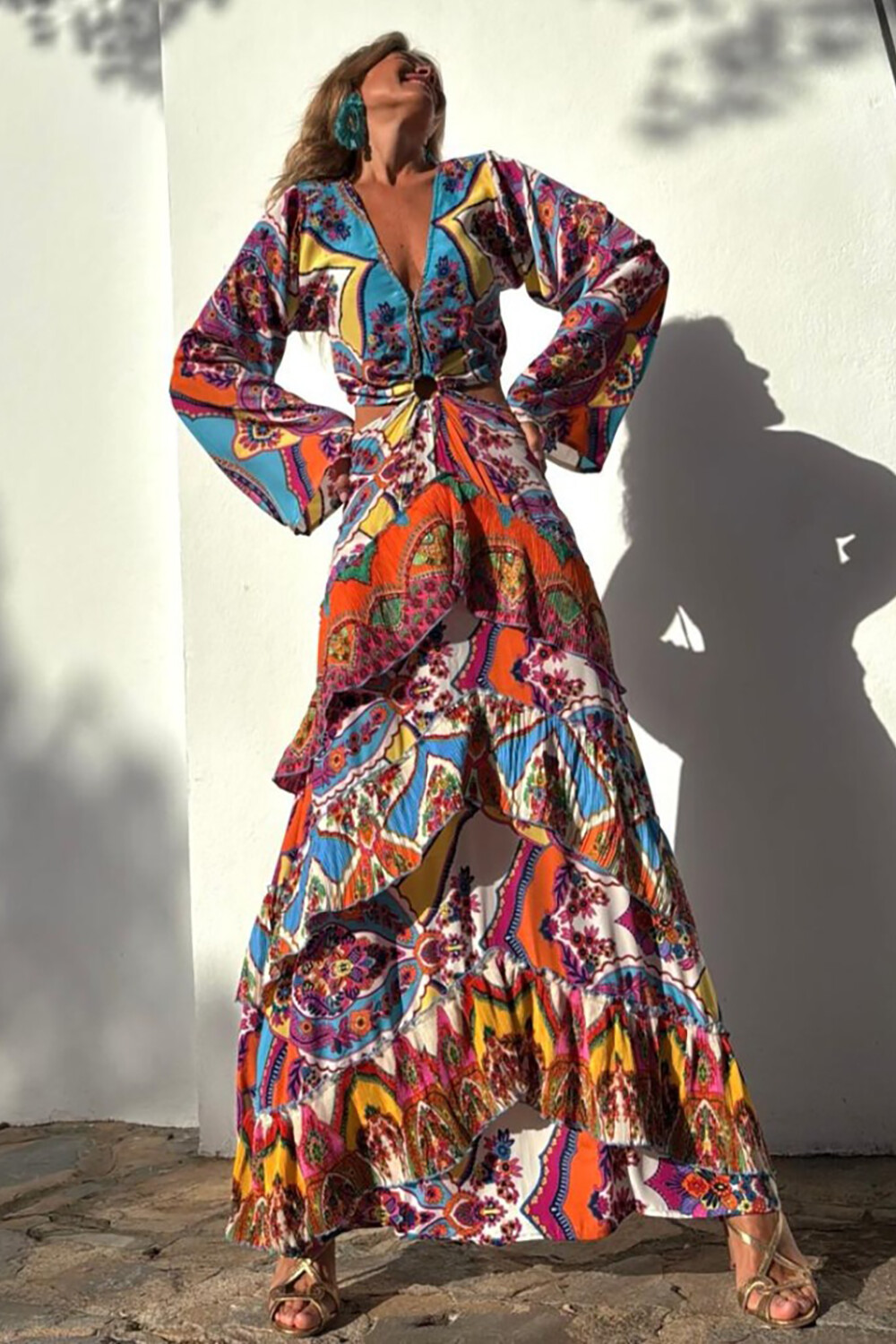 Tribal Print V Neck Long Sleeve Colorblock Maxi Dresses-Blue [Pre Order]